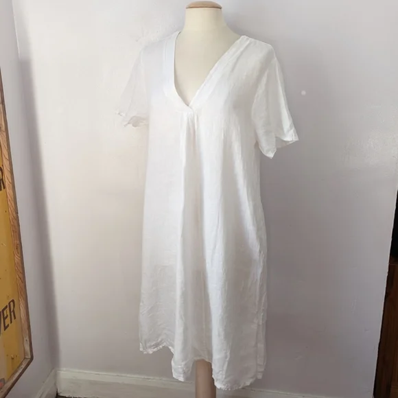Dresses | White Linen Flowy Vneck Short Sleeve Dress Made In Italy |  Poshmark
